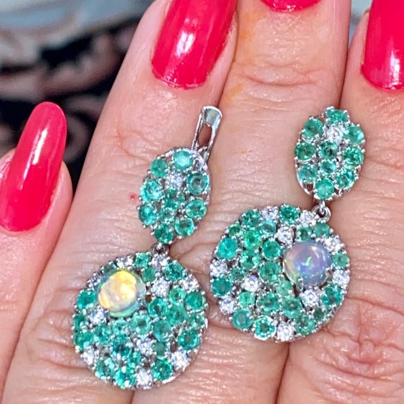 Fascinating Genuine Emerald Fire Opal Earrings - Picture 6 of 17